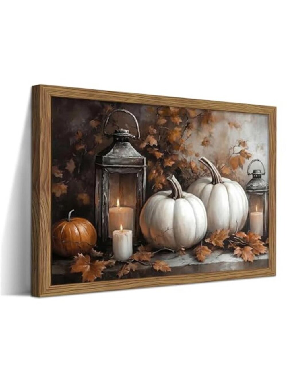 Framed Vintage Halloween Pumpkin Canvas Wall Art, Pumpkins with Lantern and